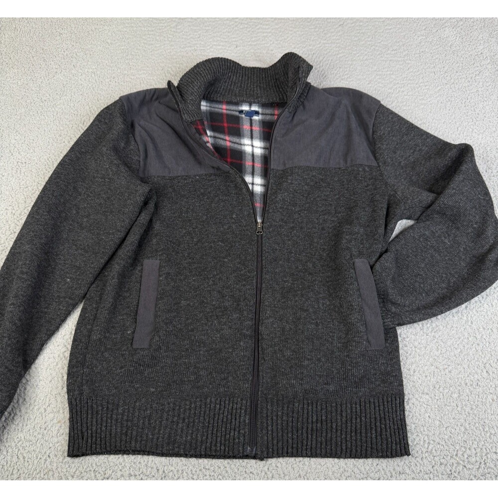 IZOD Sweater Mens XL Black Fleece Lined Plaid Full Zip Mock Neck Layering Winter